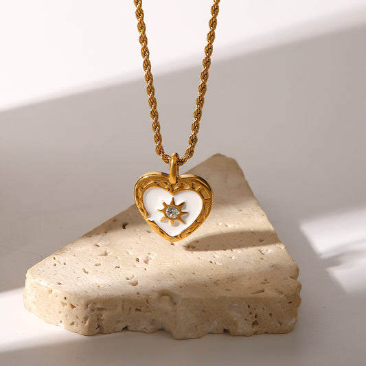 Retro French Braided Heart-Shaped Titanium Steel Necklace for Women with Clear Zircon Inlay and Plated Finish