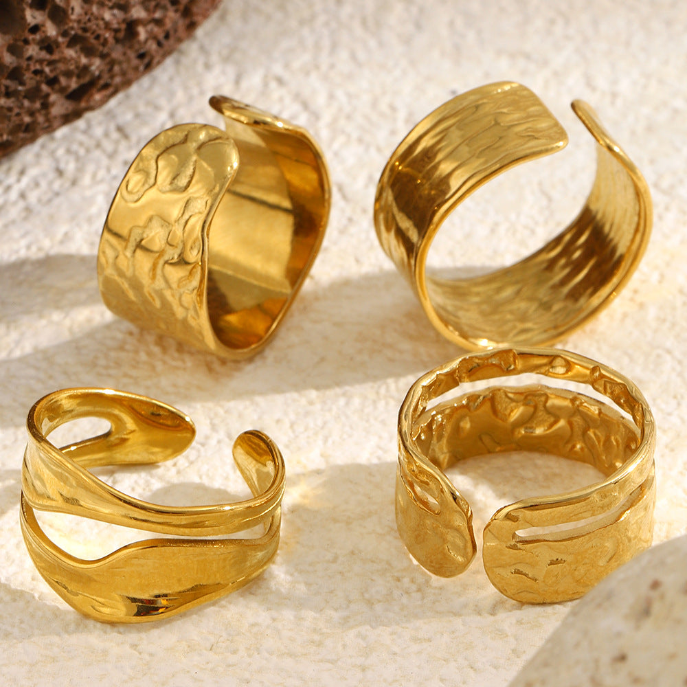 Minimalist 18K Gold Plated Geometric Hammered Textured Wide Band Open Ring for Women