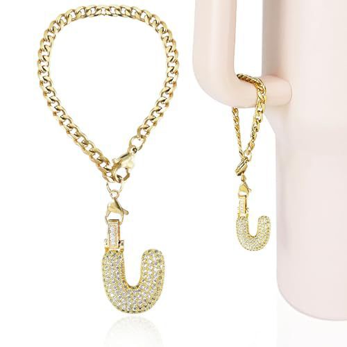 Cubic Zirconia Inlaid Brass Letter Charm Bar with Plated Finish