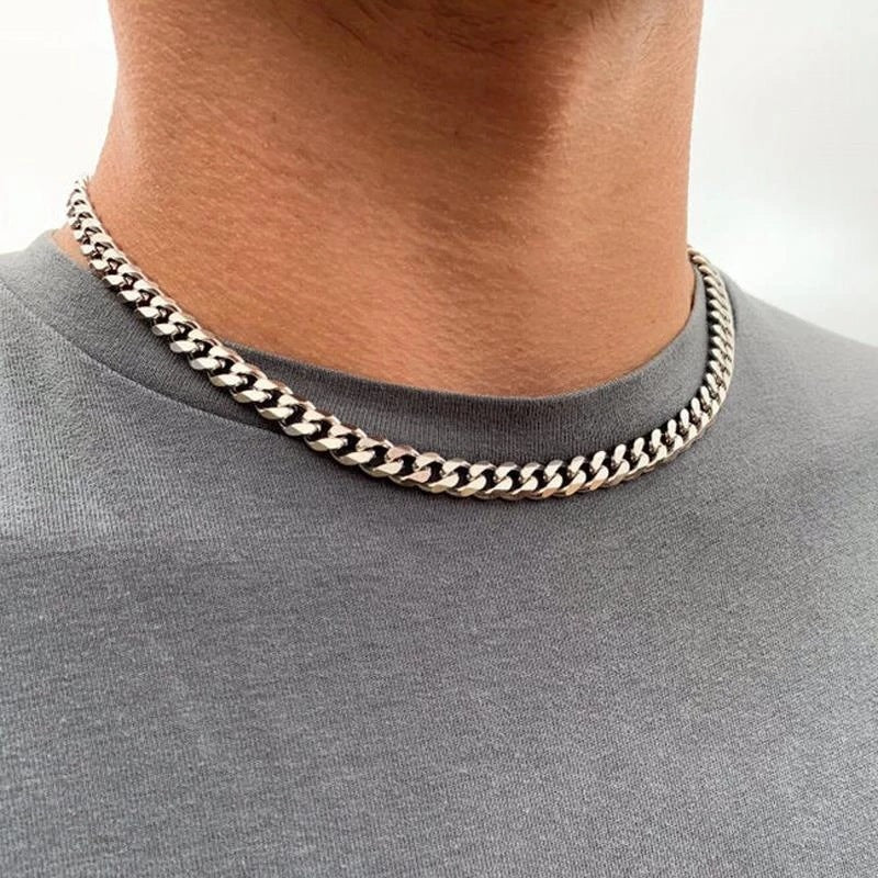 Geometric Titanium Steel Cuban Link Box Chain Necklace with Pearl Unisex