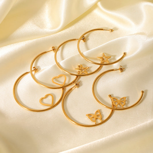 Pendientes Minimalistas con Mariposa en Forma de C de Acero Inoxidable con Acentos de Estrella Hueca y Corazón Bañados