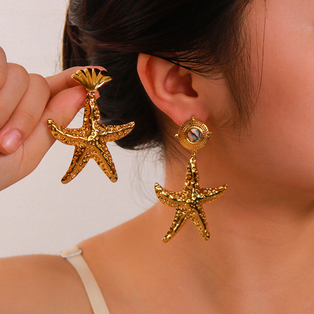 Minimalist Ocean-Inspired Stainless Steel Gold-Plated Star and Asymmetrical Shell Earrings for Women