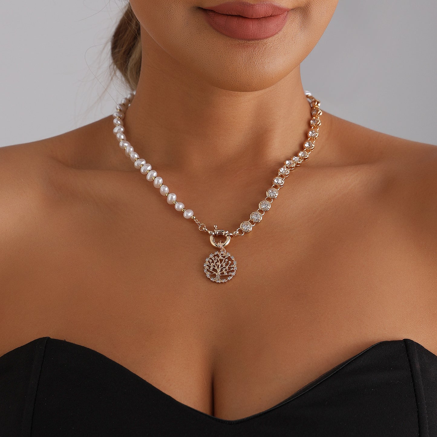 Minimalist Geometric Teardrop Life Tree Alloy Necklace with Rhinestone and Pearl Plated Finish for Women