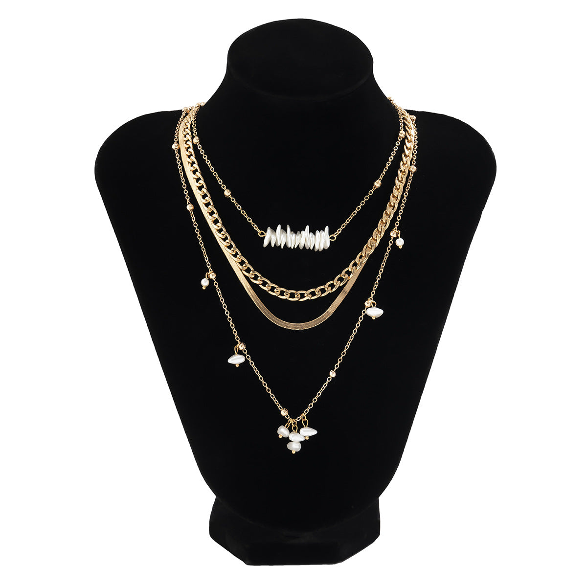 Collar con colgante de cruz minimalista para mujer con cadena de serpiente de acero de titanio y detalles geométricos irregulares de perlas de imitación