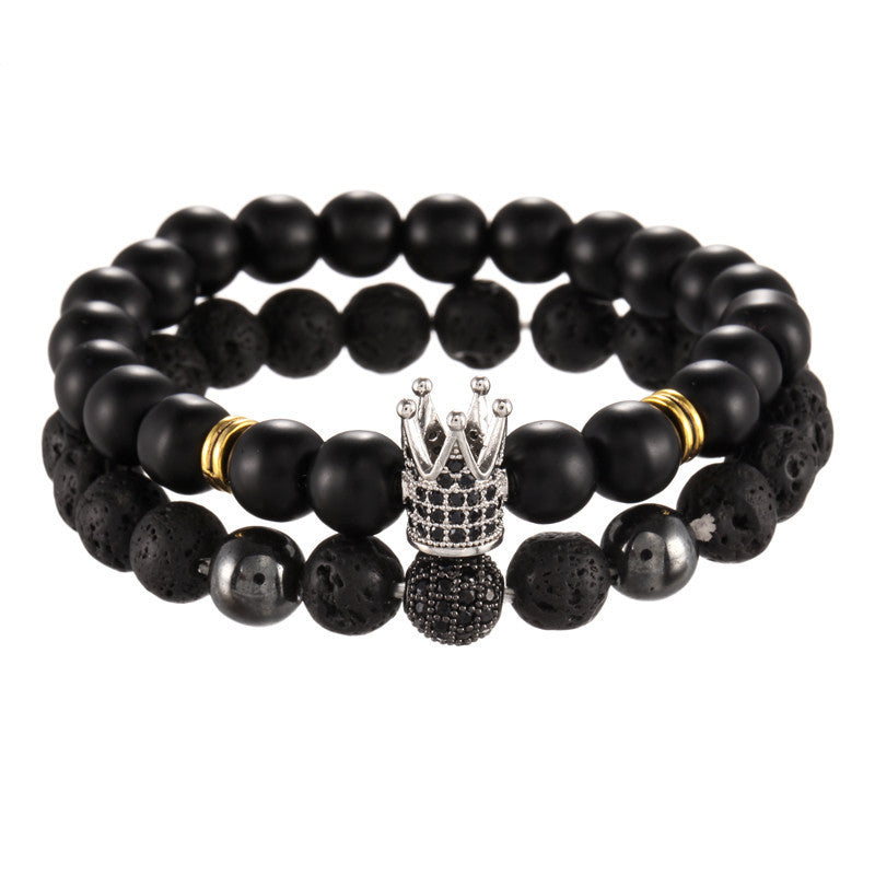Sporty Casual 8mm Matte Round Brass Bracelet Set with Cubic Zirconia and Crown Element