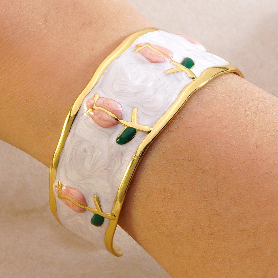 Elegant Stainless Steel Drip Oil Enamel Tulip Cuff Bracelet for Women