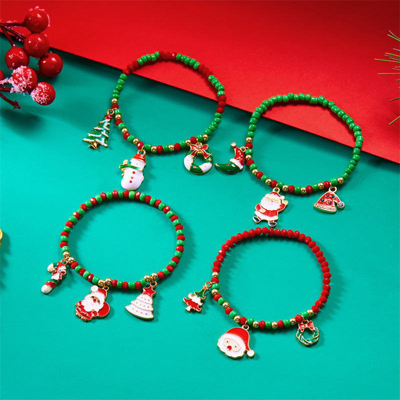 Bracciale natalizio alla moda da donna con ciondoli a forma di Babbo Natale e pupazzo di neve, design con perline, finitura galvanizzata, accessorio a tema festivo
