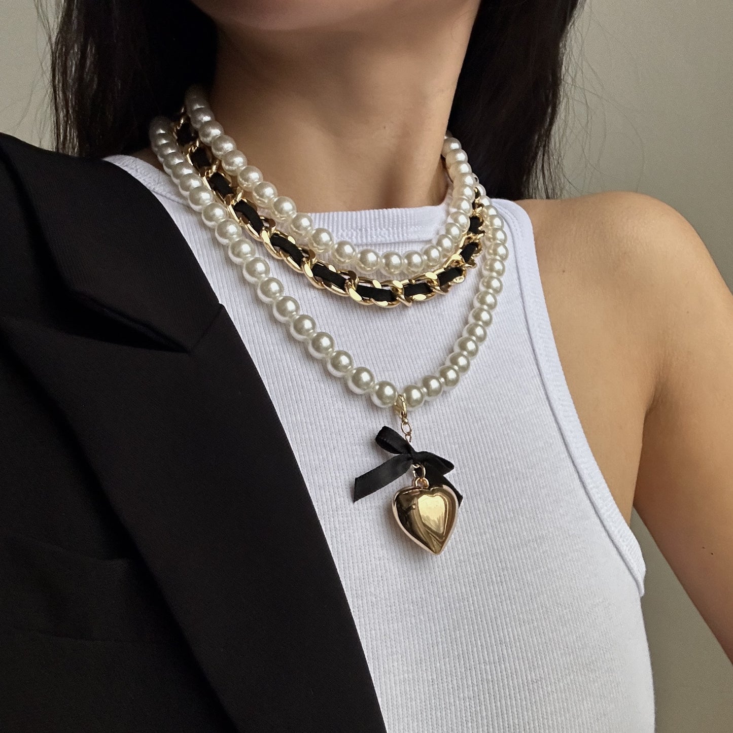Fashion Heart Alloy Pendant Pearl Fabric Beaded Necklace Set for Women