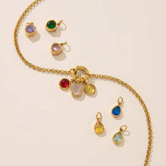 Vintage Geometric Stainless Steel 18K Gold PVD Plated DIY Charm Bar Necklace with 12 Birthstones