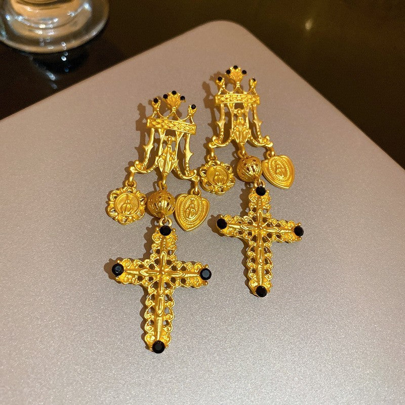 Orecchini vintage in rame smaltato rosso geometrico con strass e perni in acciaio inossidabile