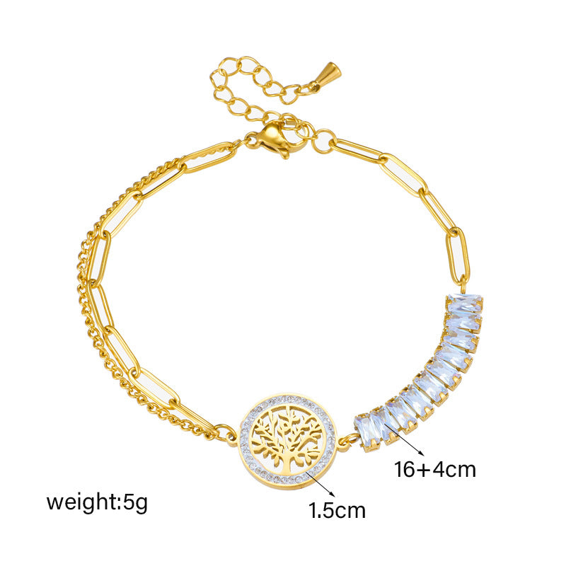 Bracciale in acciaio inossidabile con ciondolo tondo irregolare albero della vita di ispirazione vintage e cristalli pavé