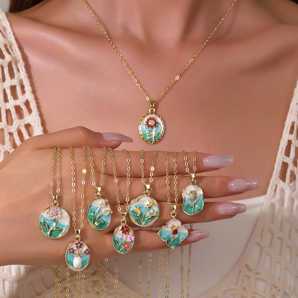 Elegant Drip Oil Floral Brass Gold Plated Necklace with Cubic Zirconia Inlay Cable Chain