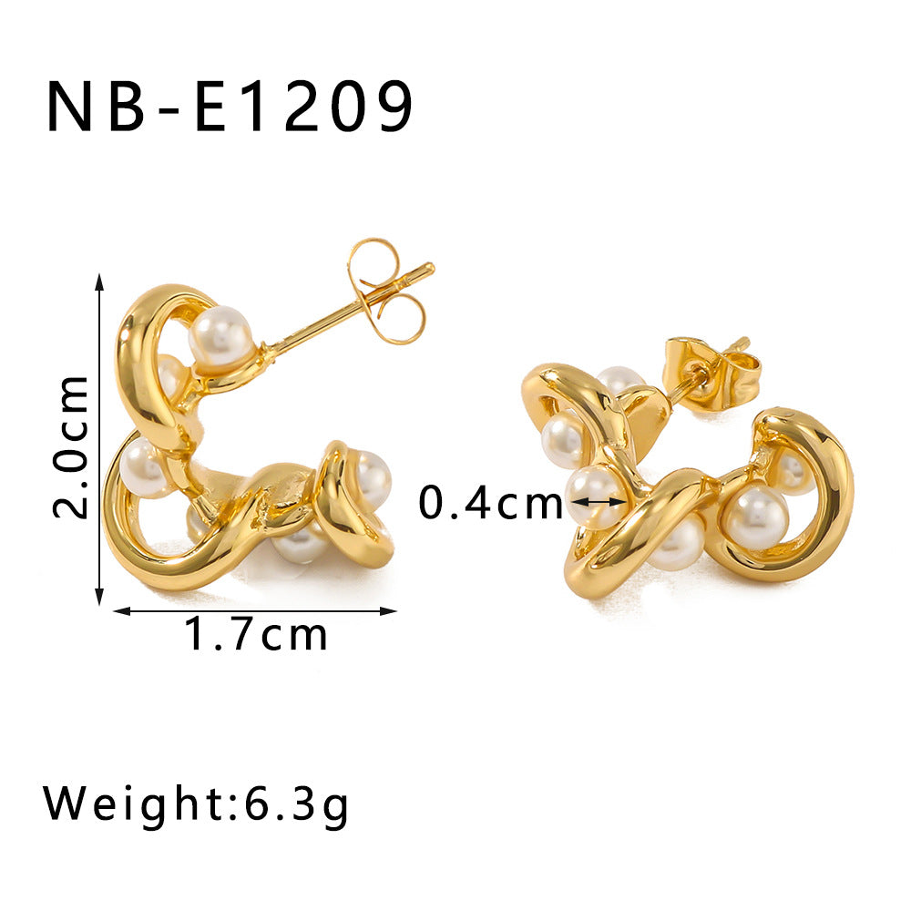 Geometric Pearl-Inlaid Stainless Steel Hoop Earrings with C-Shaped Hollow Design and Vacuum Gold Plating for Women