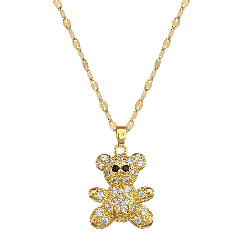 Collana con ciondolo a orsetto stellato minimalista per uomo e donna, catena a serpente in acciaio inossidabile con intarsio di strass e stile fresco e dolce
