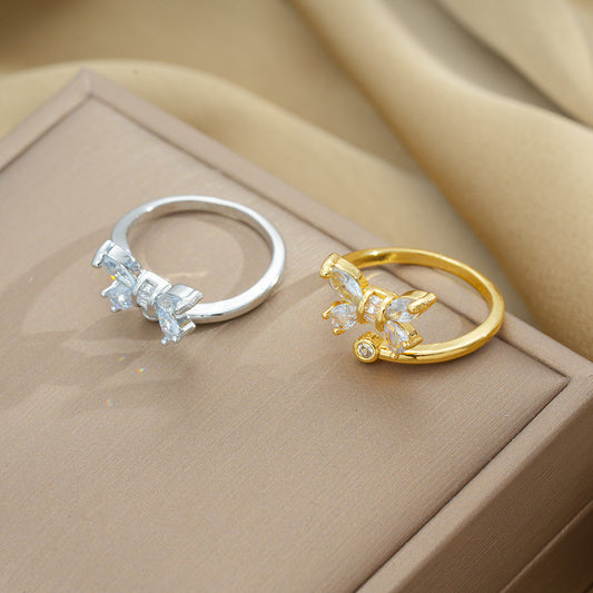 Light Luxury Butterfly-Shaped Zirconia Ring for Women with Adjustable Open Band, Geometric Design, Gold-Plated Copper, Elegant and Minimalist Finger Ring