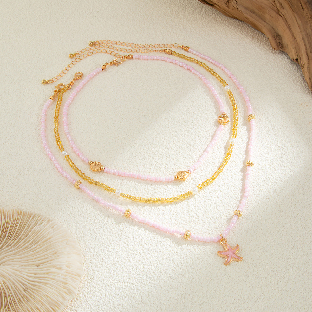 Bohemian Drip Oil Starfish Alloy Pendant Necklace with Seed Beads for Women