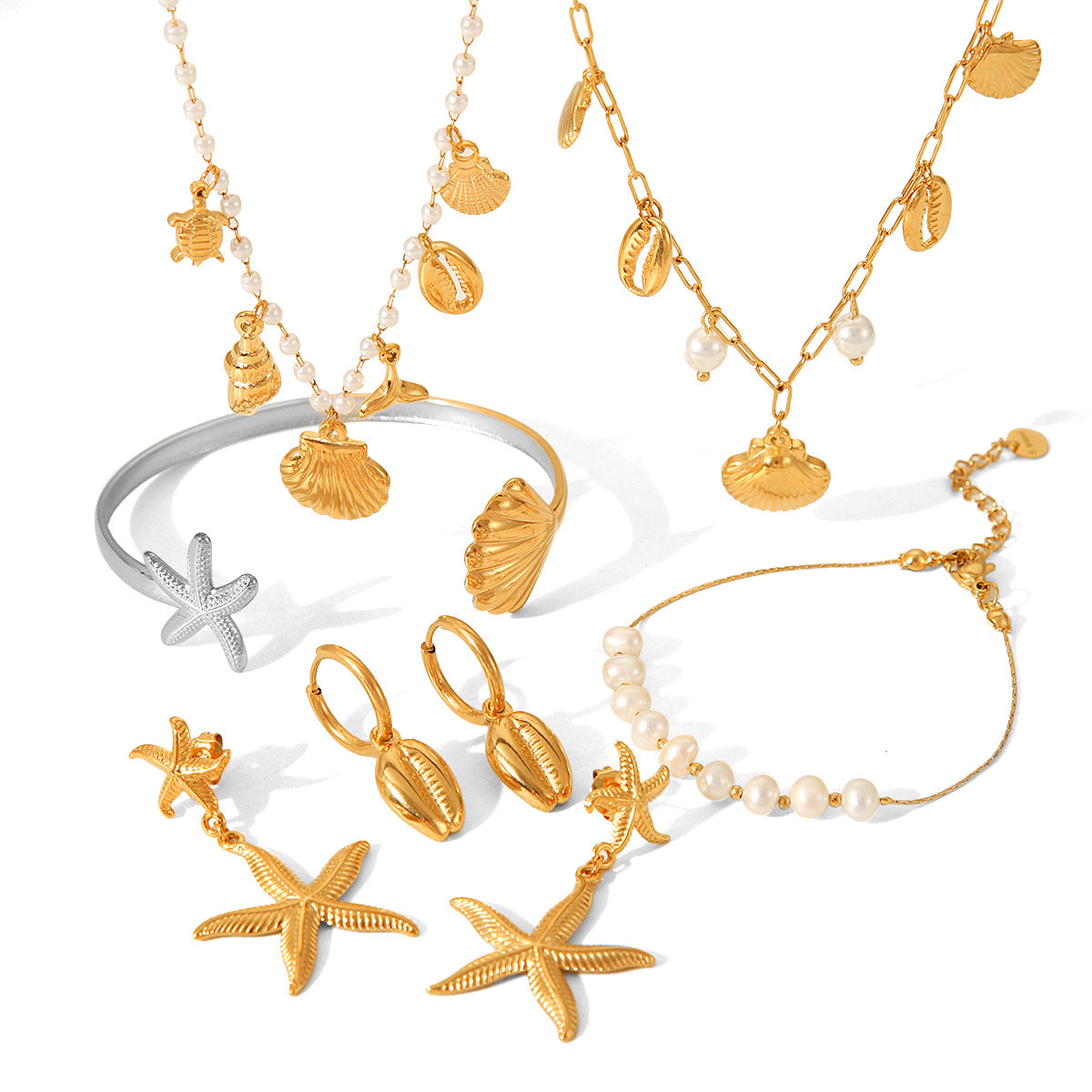 Minimalist Starfish Pendant Necklace with Stainless Steel Chain and Pearl Accents for Women