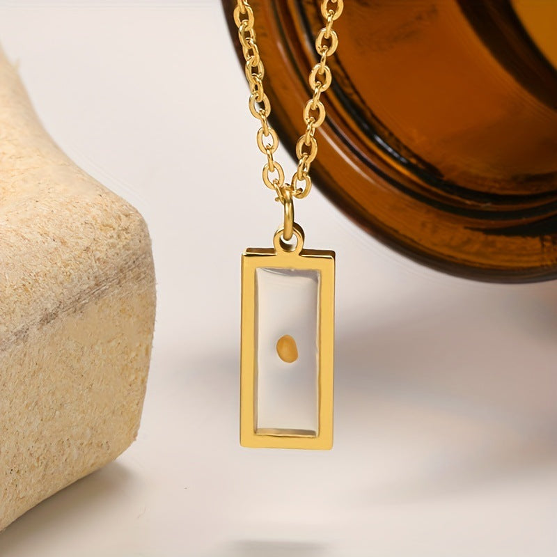 Natural Style Rectangular Dried Flower Wish Seed Time Gem Necklace for Women with Stainless Steel Chain and Titanium Steel Pendant