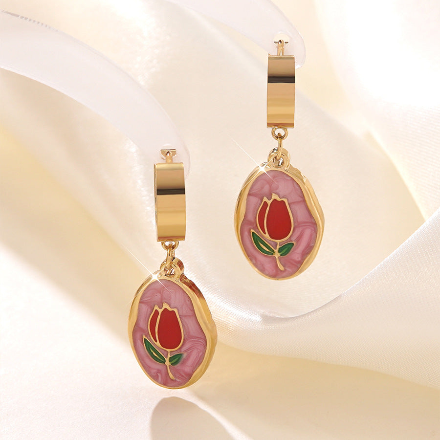 Aretes de acero inoxidable con esmalte de aceite floral de lujo elegante de rosa para mujer