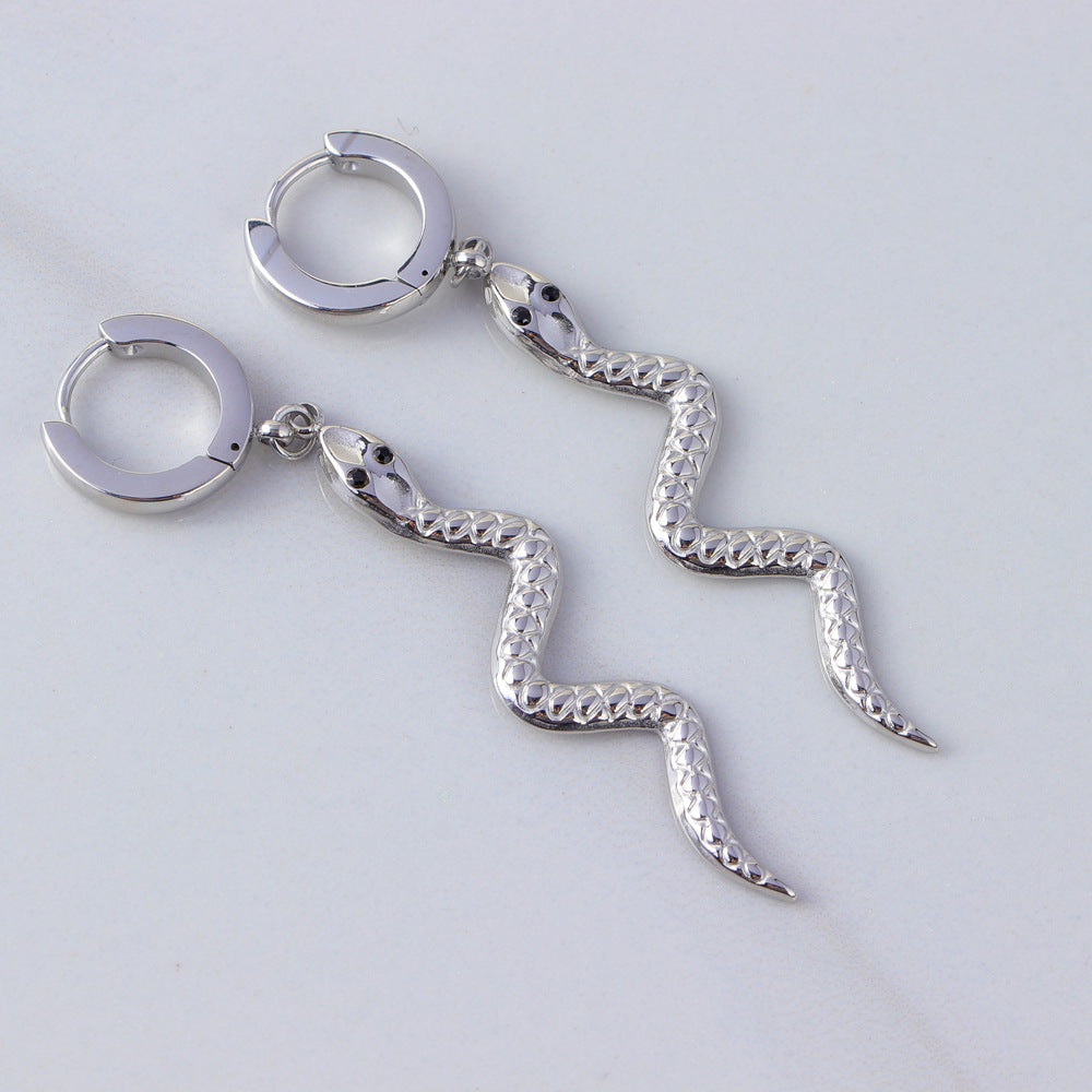 Fashionable Snake-Shaped Stainless Steel Earrings for Women with Gold Plating, Long Length to Complement Facial Features