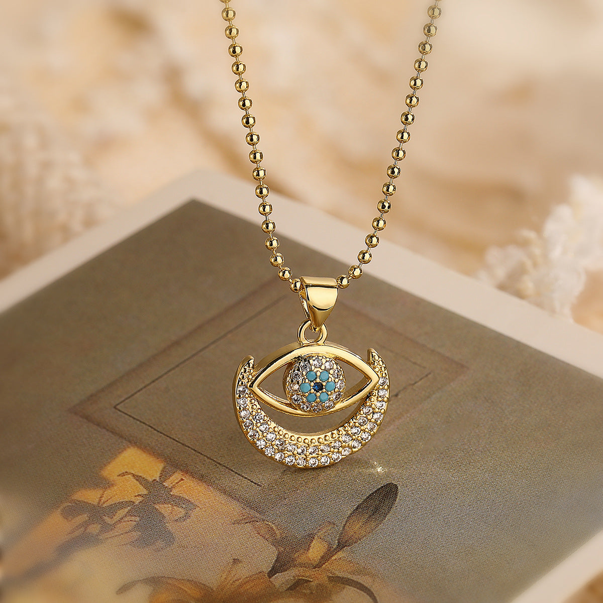 Set collana e orecchini da donna con ciondolo a occhio di Allah geometrico e zirconi, in rame placcato oro 18 carati, stile minimalista