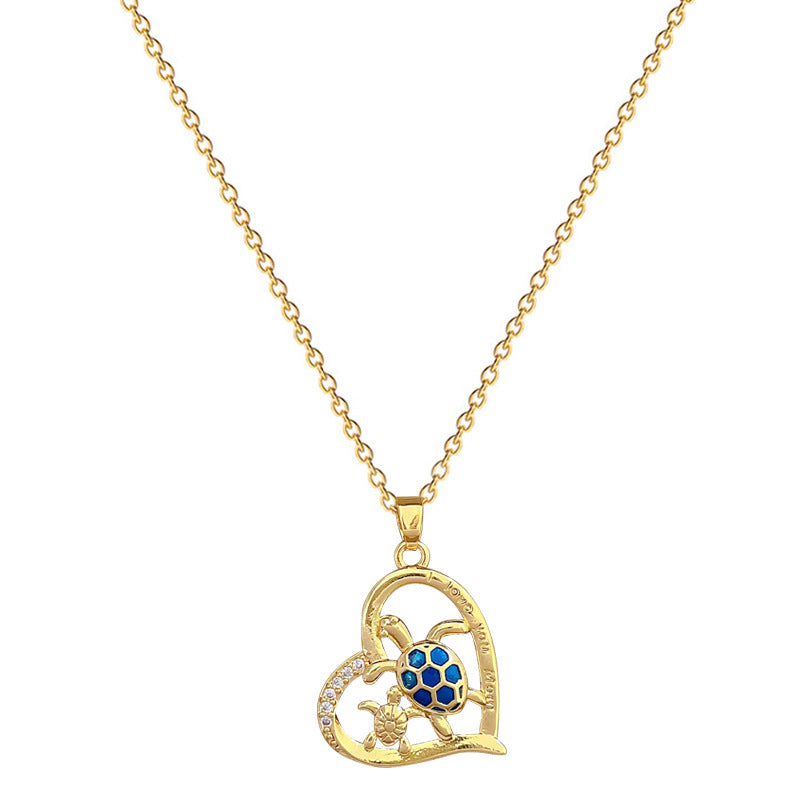 Cartoon Style Turtle Heart Pendant Necklace for Women Stainless Steel Snake Chain with Rhinestone Inlay and Geometric Design