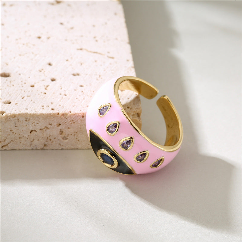 Fashion Geometric Drip Oil Gold Plated Brass Ring with Eye Design for Women