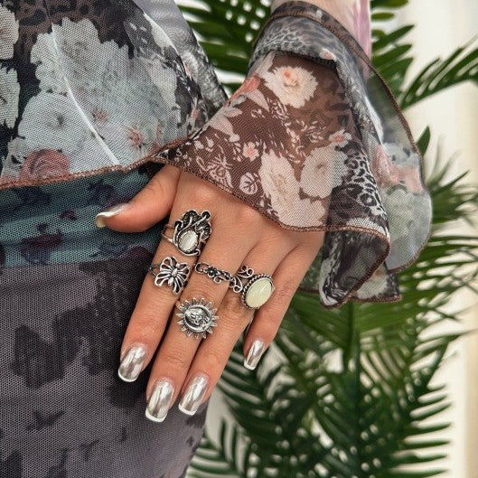 Vintage Bohemian Geometric Butterfly Gemstone Plated Alloy Ring Set for Women