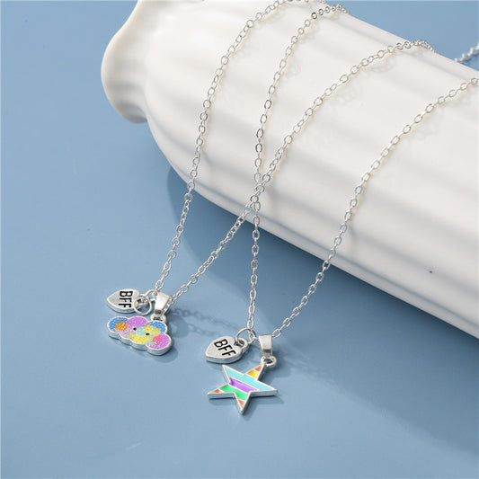 Cartoon Cloud and Star Alloy Necklace for Kids with Enamel Finish BFF Friendship Pendant on Cross Chain