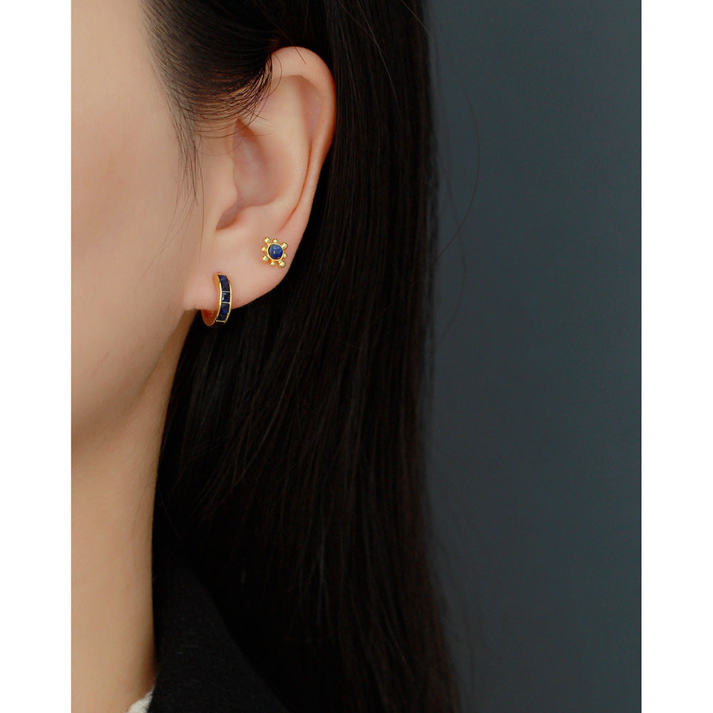 Orecchini a perno da donna in argento sterling S925 con intarsio rotondo in lapislazzuli, design geometrico minimalista, gioielli alla moda