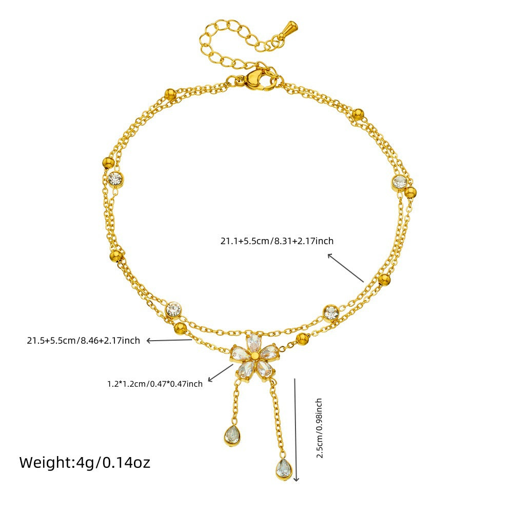 Minimalist Gold Plated Stainless Steel Floral Rhinestone Tassel Double Layer Anklet
