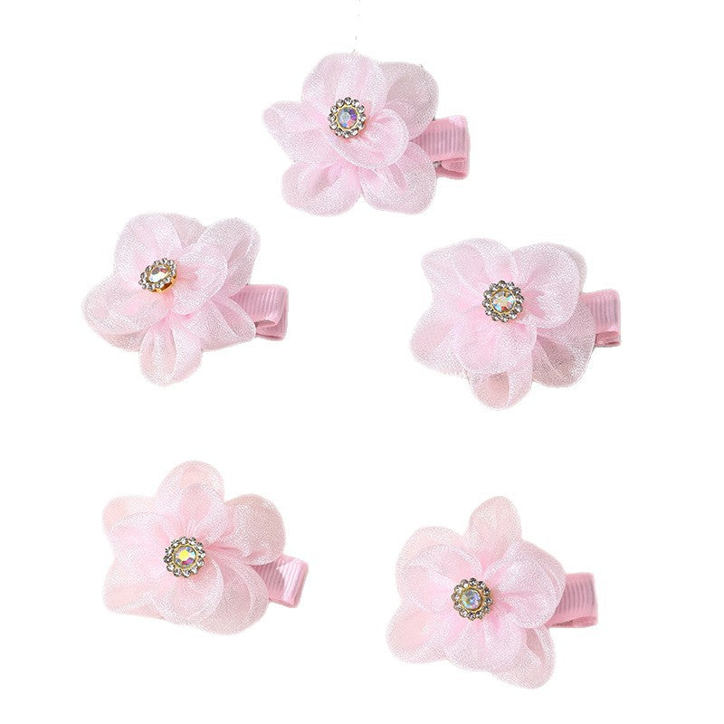 Pasador de pelo de poliéster con forma de lazo de estilo natural para niñas con detalles de volantes y malla, juego de pasadores de pico de pato