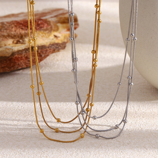 Minimalist Luxury 18K Gold Plated Geometric Stainless Steel Multi-Layer Snake Chain Beaded Necklace for Women