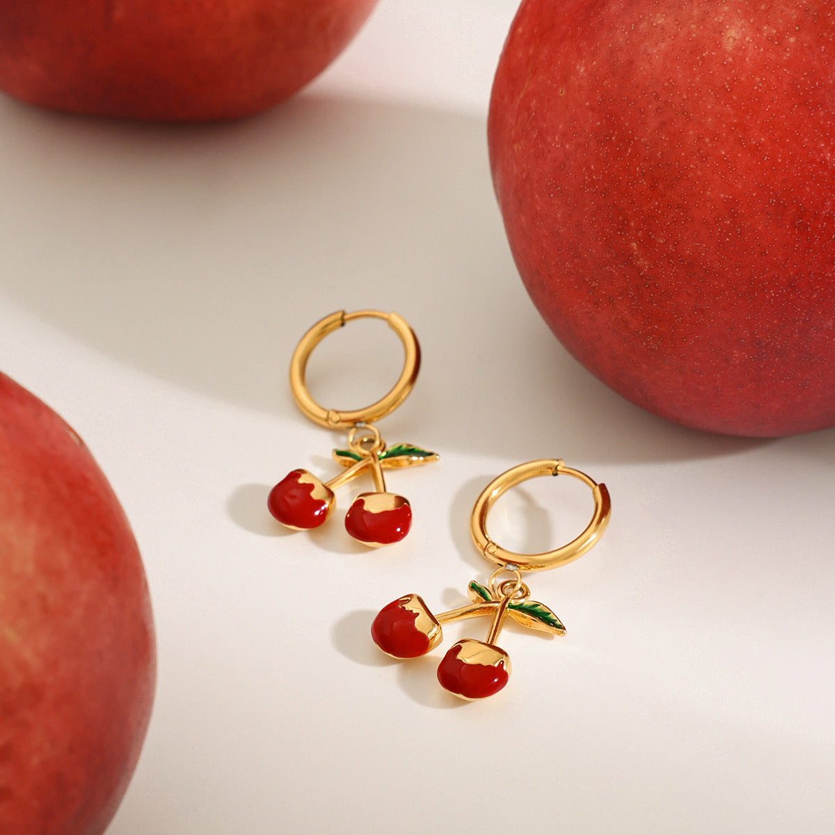 Elegant Geometric Cherry Drip Oil Plated Stainless Steel Earrings for Women