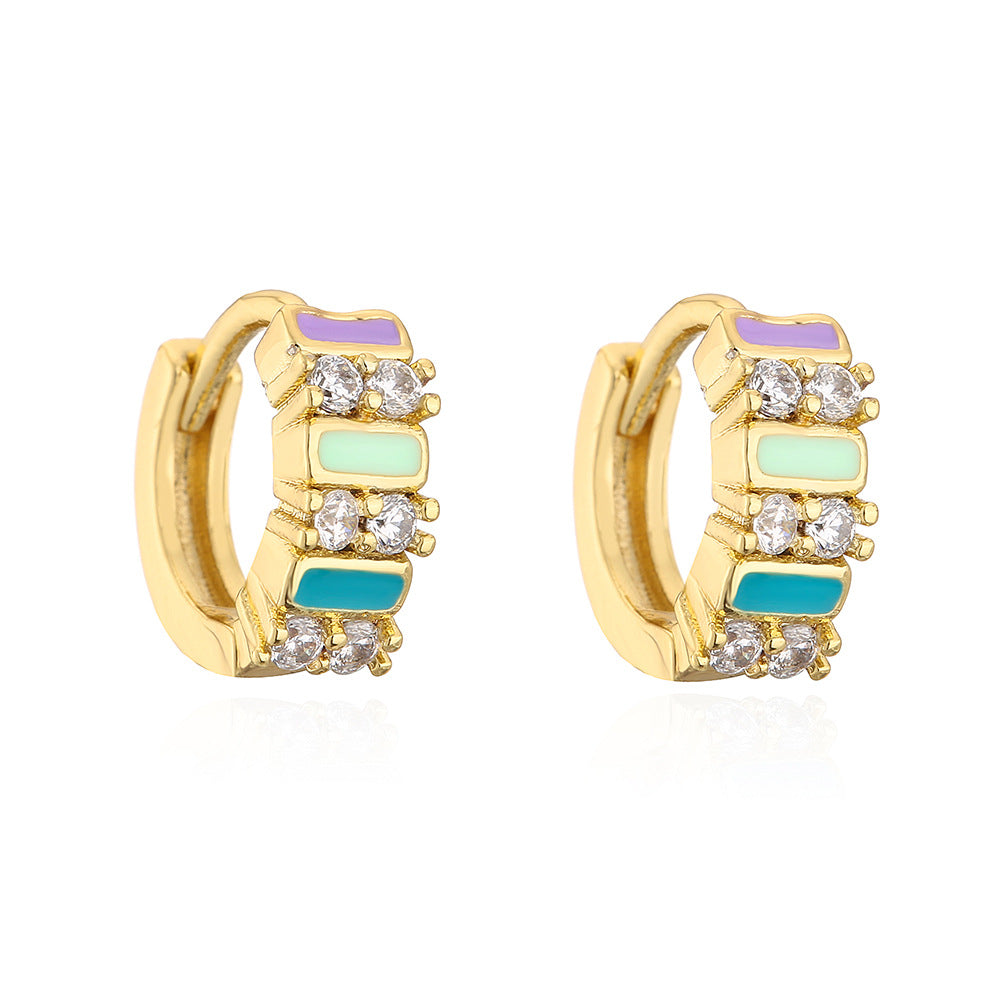 Bohemian Style Geometric Shaped Enamel Zirconia Earrings for Women with Copper Base and Gold Plating