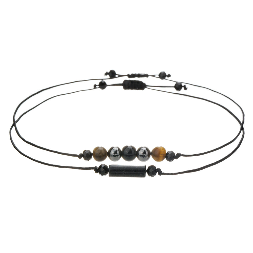 Minimalist Handmade Cylindrical Beaded Stone Bracelet with Rose Quartz Tiger Eye Hematite and Black Agate for Unisex