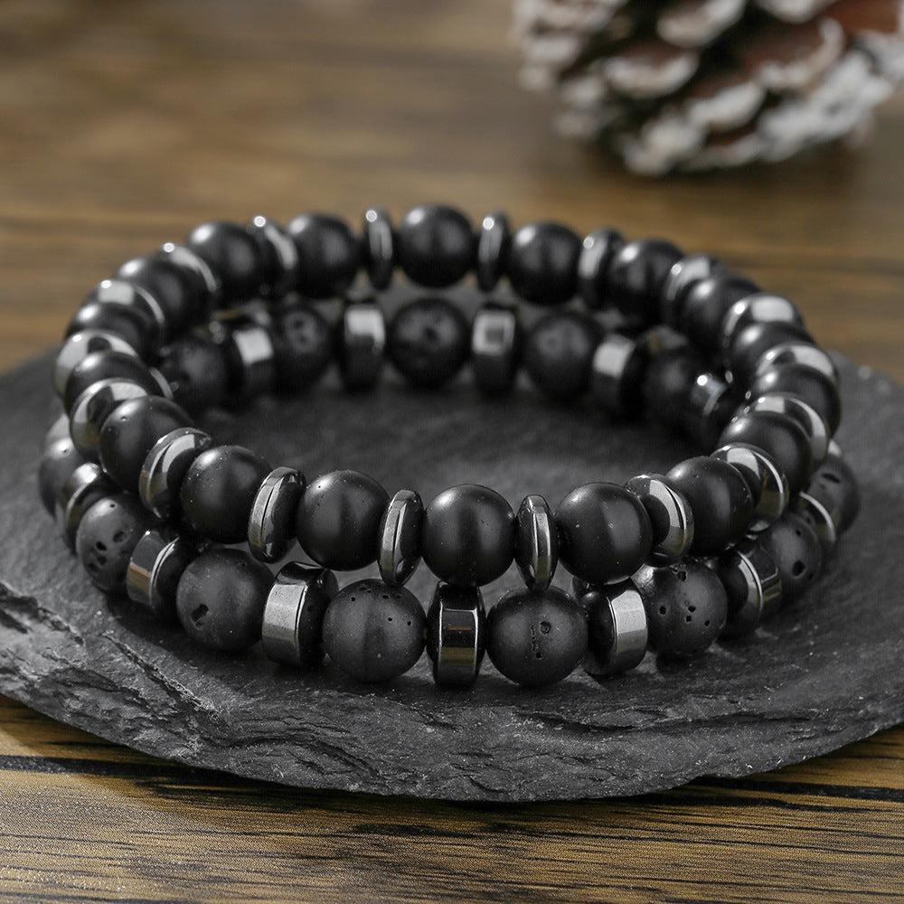 Unique Geometric Round Volcanic Stone and Hematite Beaded Stretch Bracelet Set for Men and Women