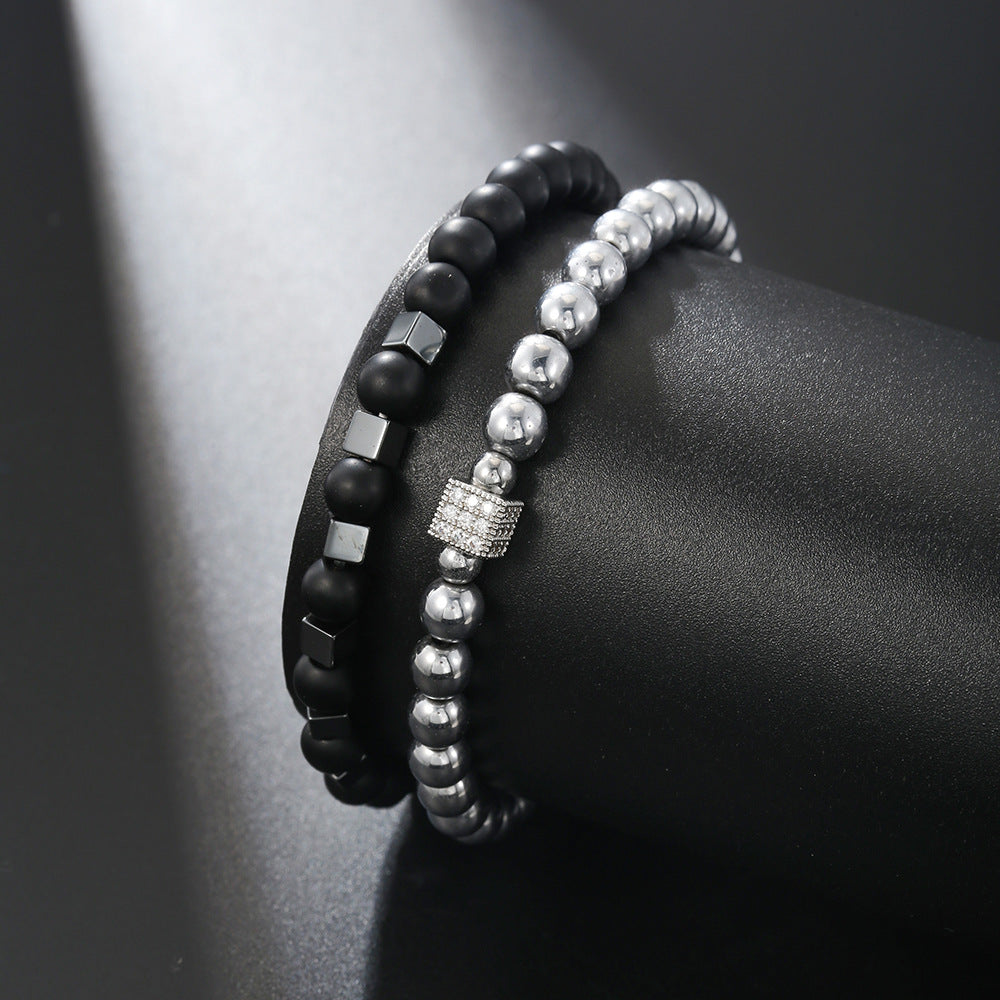 Ethnic 8mm Matte Hematite and Brass Square Bracelet with Cubic Zirconia Inlay for Unisex
