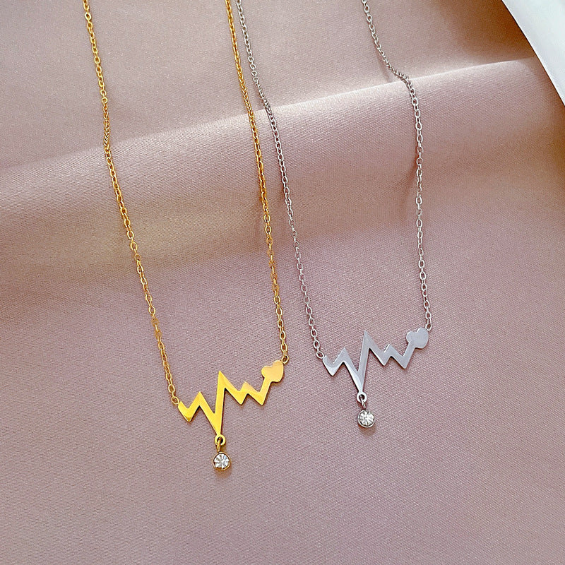 Minimalist Titanium Steel Heartbeat Wave Pendant Necklace for Women with Gold Plated Finish and Clavicle Chain Design