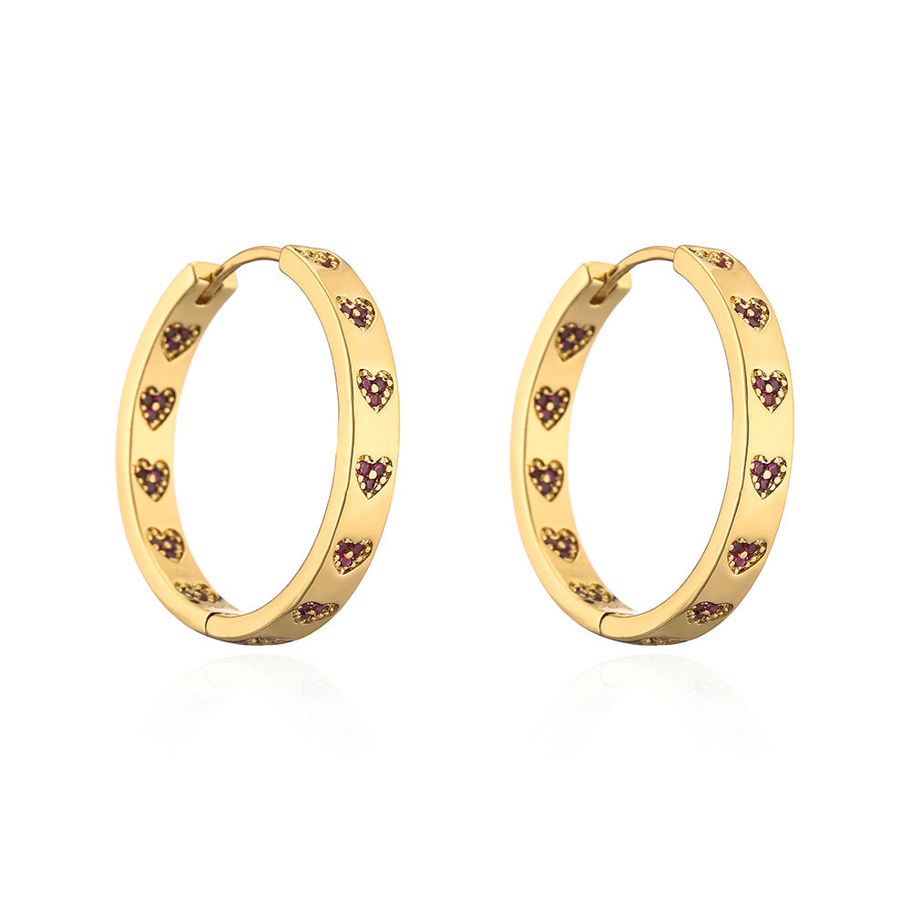 Orecchini a Cerchio Geometrici in Rame d'Ispirazione Vintage con Placcatura in Oro 18K e Accento a Cuore in Zirconia Cubica da Donna