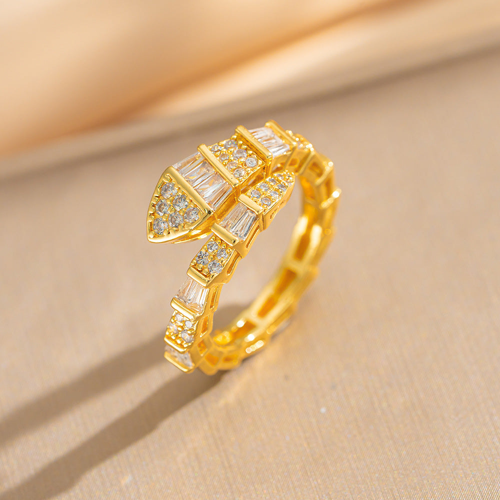 Luxury Minimalist Adjustable Open Ring for Women with Gold-Plated Copper Band and Zircon Stone Accent in Heart and Floral Shape
