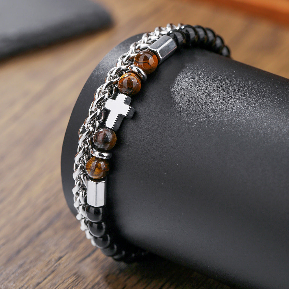 Hip-hop Streetwear Stainless Steel Cross Bracelet with Agate and Tiger's Eye for Men and Women