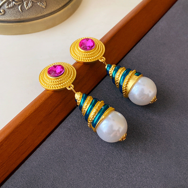 Pendientes de Ángel Retro Artísticos Ovalados con Incrustaciones de Pedrería para Mujer con Base de Cobre y Diseño Geométrico