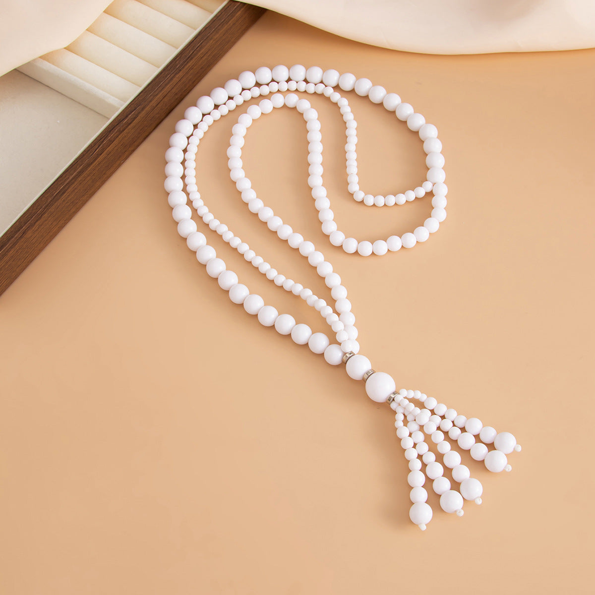 Vintage Geometric Acrylic Beaded Long Necklace with Tassel for Women