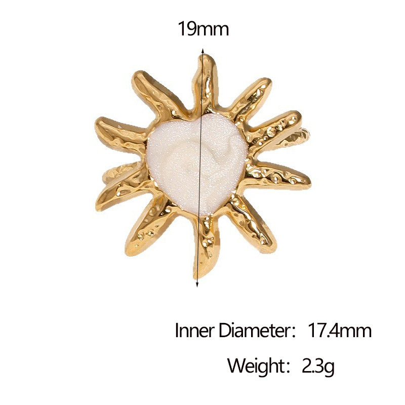 Anello aperto minimalista da donna in acciaio inossidabile placcato oro 18 carati con cuore e sole