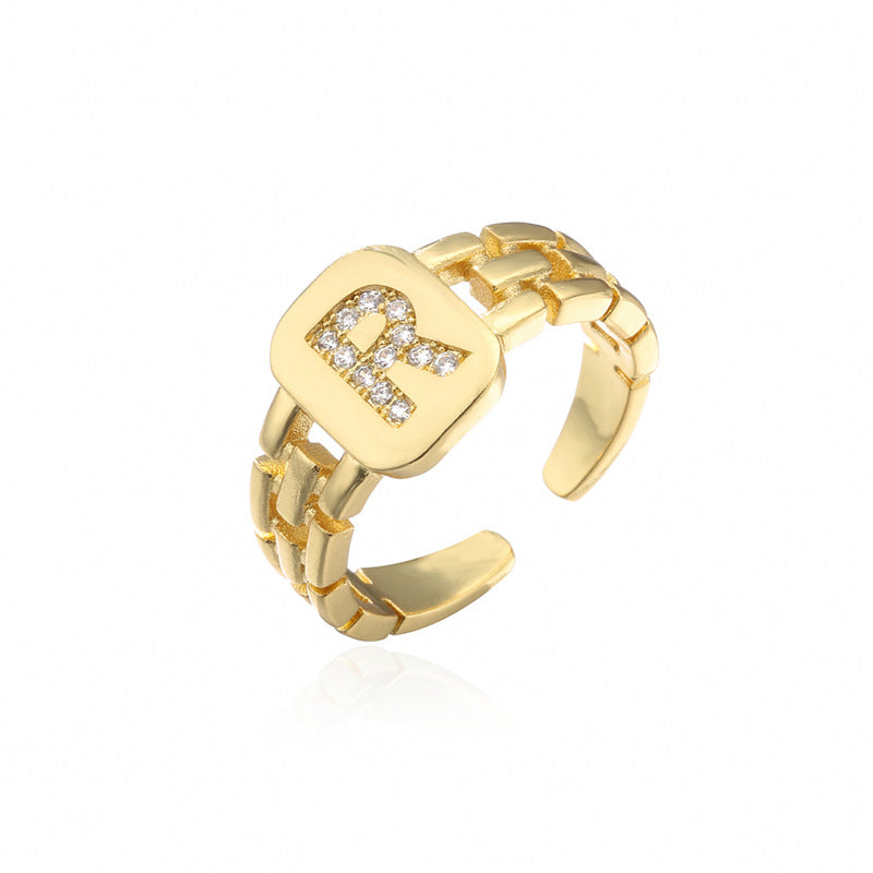 Minimalist Letter Shape Copper Ring with Micro-Pavé Setting Adjustable Geometric Band
