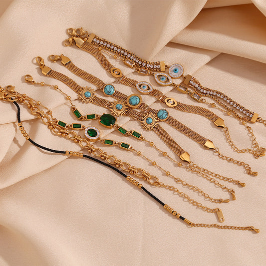 Pulsera de acero inoxidable geométrica vintage de moda con baño de oro de 18 quilates, ojo turco y incrustaciones de piedra natural para mujer