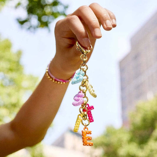 Colorful Resin Letter Bag Charm with Rhinestone Daisy and Tassel