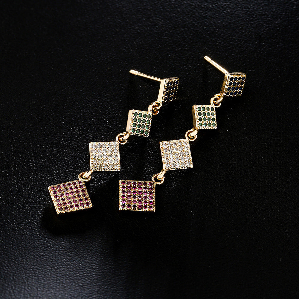 Minimalist Geometric Copper Stud Earrings with 18K Gold Plating and Colored Zirconia