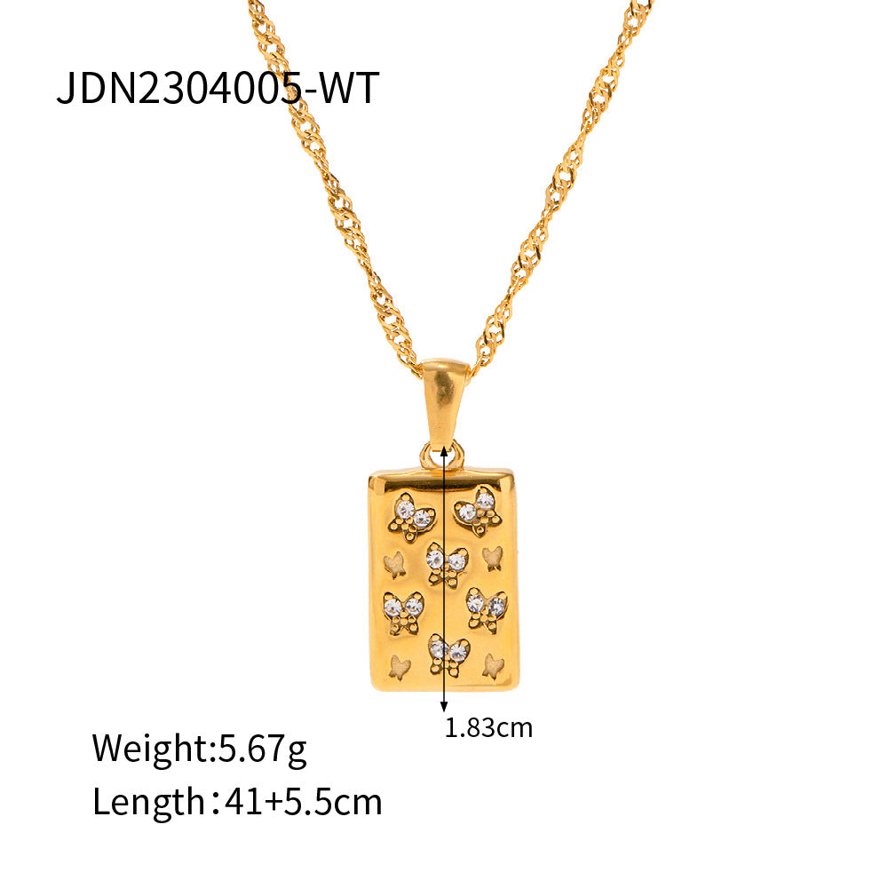 Collana con ciondolo quadrato a farfalla da donna vintage in acciaio inossidabile placcato oro 18 carati con strass bianchi